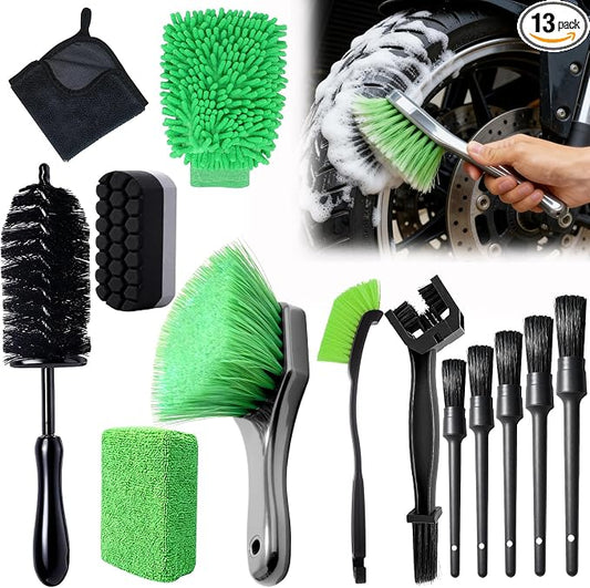 13PCS Motorcycle Cleaning Kit, Motorcycle Detailing Kit Overall Cleaner Tools Car Washing Brush Rims Cleaning Kit Chain Tire Wheel Brush Set Chain Tire for Car Bike Motorbike (Green)