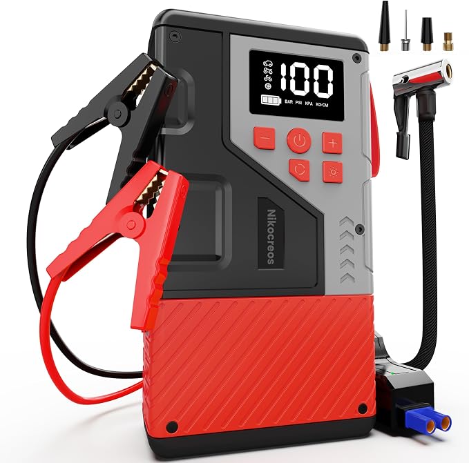 Portable Car Jump Starter with Air Compressor for Emergencies,3000A Peak and 150 PSI Max,for 12L Gas & 10L Diesel Engines,LCD Display,LED Light