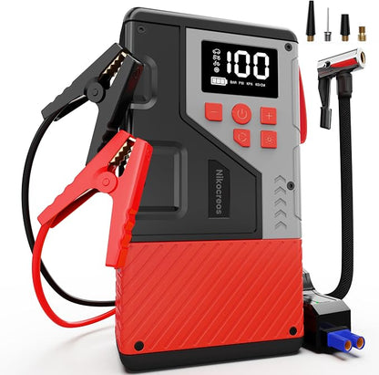 Portable Car Jump Starter with Air Compressor for Emergencies,3000A Peak and 150 PSI Max,for 12L Gas & 10L Diesel Engines,LCD Display,LED Light
