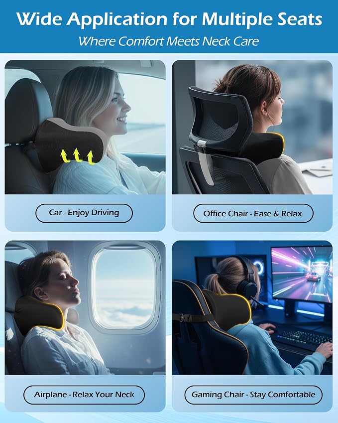 Lofty Aim Car Neck Pillow: 2 Pack Ergonomic Memory Foam Headrest Pillow for Driving, Adjustable Neck Support Cushion for Pain Relief, Head Rest Pillows for Car Seat, Truck - Gray & Black