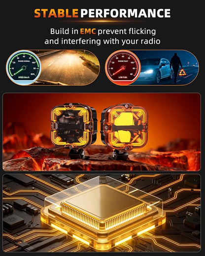 4 Inch LED Pods Off Road Lights, 90W 12000LM Amber Fog Lights with X DRL & Wiring Harness, IP67 Waterproof Spot Flood Combo for Trucks SUV ATV UTV - 2PCS