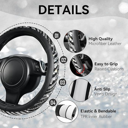 CAR PASS Bling Diamond Leather Steering Wheel Cover, with Bling Sparkly Crystal Glitter Rhinestone Universal Fit 14" 1/2-15" Car Wheel Protector Fit for Women Girl SUV,Vans,Sedans,Trucks, Zebra Print