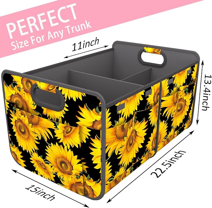 Homeve Car Trunk Organizer for SUV, 18.5Gal Large Capacity No-Sag Heavy Duty, Foldable Waterproof Anti-Slip Storage with 12 Pockets, Fit Sedan, Truck, Universal Car Accessories, Sunflower, Large
