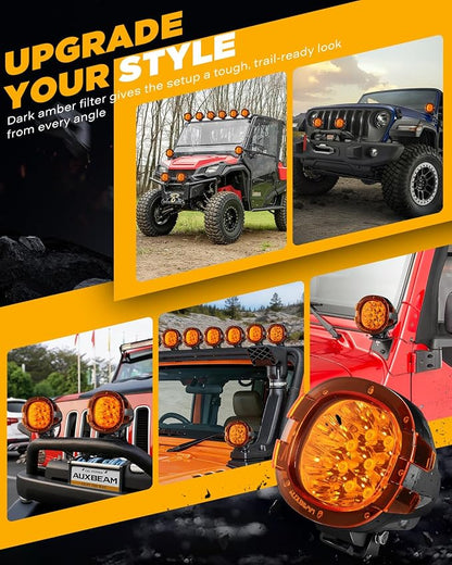 Auxbeam P4 Series 4 Inch Deep Amber Light Covers 2300K Dark Amber Tint Round Off-Road Light Lens Cap LED Pods Covers Reduce Glare for Fog & Dust Low Visibility, 2 Packs