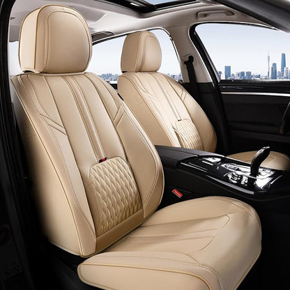 Coverado Seat Covers for Cars, 5 Seat Waterproof Seat Cover with Lumbar Support, Front and Rear Seat Covers, Luxury Leather Car Seat Protectors, Car Seat Cushions Universal Fit for Most Cars (Beige)