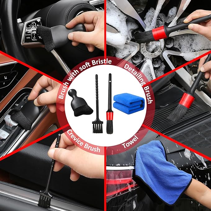 Qydipclin 10pcs Windshield Cleaning Tool Inside Car Window Cleaner Wash Kit with 4 Reusable Microfiber Pads 1 Spray Bottle and Extendable Handle Interior Auto Glass Wiper Kit, Red