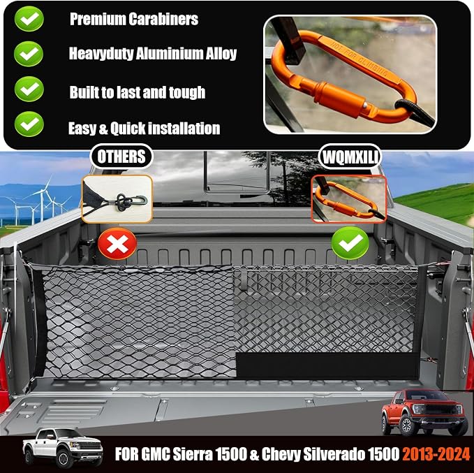 Envelope Style Cargo Net Compatible with 2013-2025 2026 Chevy Silverado & GMC Sierra 1500/2500HD/3500HD Accessories Highly Elastic Truck Bed Cargo Net with Storage Bag- Upgraded 5mm Bungee