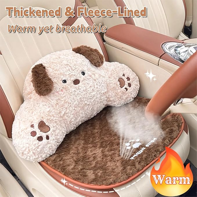 Cute Fluffy Dog Car Seat Cushions Covers Front and Rear Seat Pads Full Set 11PCS for 5 Seats, Winter Warm Automotive Interior Accessories for Cars SUV, Truck, Pickups (Fuzzy Dog - 11pcs)