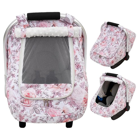 Car Seat Cover Baby Girls, Mink Dot Carseat Covers for Newborn with Breathable Mesh and Sun Shade Window, Warm Stretchy Infant Car Seat Canopy Snug Fit Baby Carrier, Stroller