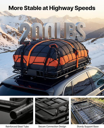 VEVOR Roof Rack Cargo Basket, 54 x 34 x 4 in, Heavy Duty Roof Top Carrier Basket with Waterproof Bag, Cargo Net, Ratchet Straps, 200 lbs Capacity, Universal Car Top Luggage Holder, for SUV Truck Car