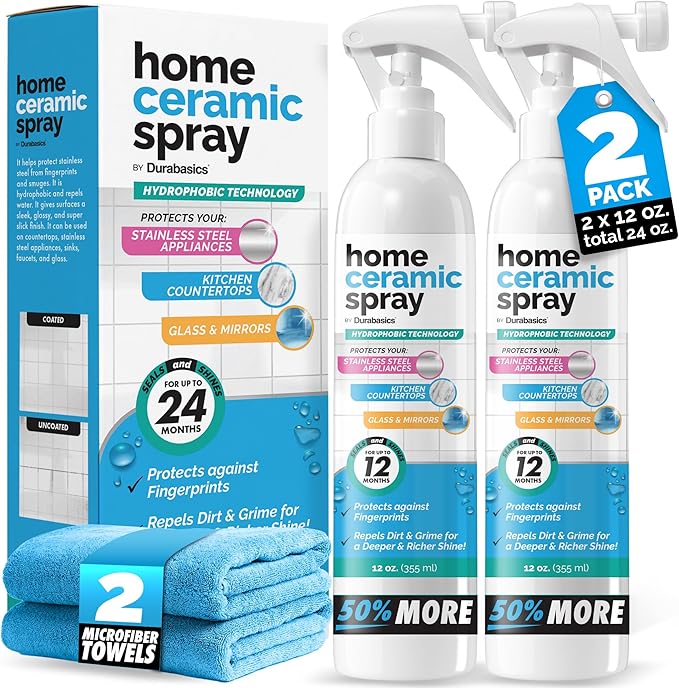 2 Pack [12 Oz] Home Ceramic Coating Spray Kit - Shine, Seal & Protect Kitchen & Bath Surfaces - High Shine - Repels Stains & Grime Effortlessly - Use on Stainless Steel, Sinks, Countertops, Glass