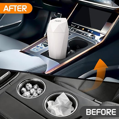 Car Trash Can with Lid, Mini Car Trash Cup with 30 Additional Trash Bags, Car Accessories for Interior, Leakproof Vehicle Garbage Bin for Car, Home, Office - 2 Packs, Beige