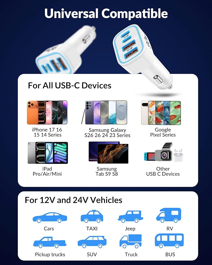 iPhone 17 16 15 Car Charger, 90W 4-Port Fast USB C Car Charger Cigarette Lighter Adapter with 3FT Type C to C Cable for iPhone 17/17 Pro/17 Pro Max/17e/Air/16/16 Pro/16e/15 Pro Max/Plus, iPad, Android