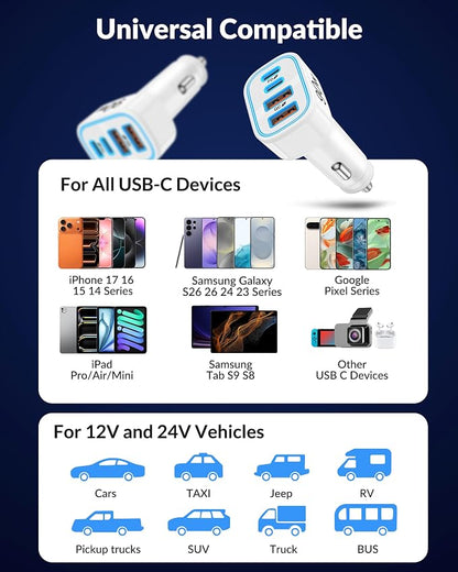 iPhone 17 16 15 Car Charger, 90W 4-Port Fast USB C Car Charger Cigarette Lighter Adapter with 3FT Type C to C Cable for iPhone 17/17 Pro/17 Pro Max/17e/Air/16/16 Pro/16e/15 Pro Max/Plus, iPad, Android