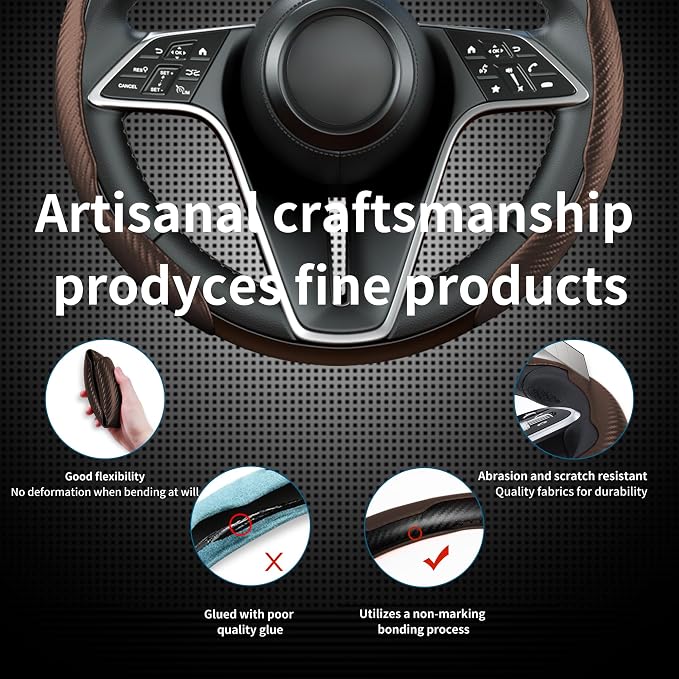 Carbon Fiber Steering Wheel Cover, 3-Piece Set Anti-Skid Comfortable Grip Segmented Butterfly Design, Easy Snap-On Installation Universal Fit 99% Cars, Brown