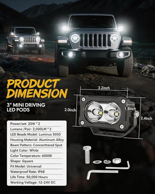 2PCS 3 Inch LED Pod Lights 40W Small Surron Driving Lights | Spot Beam Off Road 4x4 CREE Ditch Lights Super Bright Work Light Cube LED Bumper Lights Fog Light for Truck ATV Motorcycle