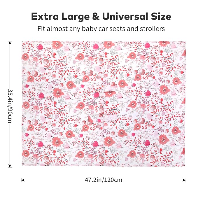 Rquite Infant Car Seat Cover for Babies Girls, Muslin Cotton Carseat Canopy, Breathable Stroller Sun Shade, Baby Shower Gift & Newborn Essentials, Universal Fit Summer & Hot Weather (Pink Flowers)