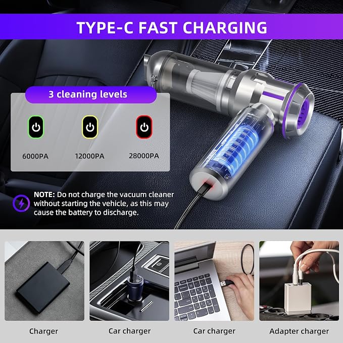 Handheld Vacuum Cleaner, 28000Pa 4 in 1 Handheld Vacuum Cordless, One-Touch Dust Removal, 3 Speeds Brushless Motor Mini Vacuum, Car Vacuum Portable Cordless for Office, Home, Kitchen, Car, Pet Hair