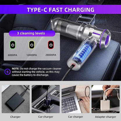 Handheld Vacuum Cleaner, 28000Pa 4 in 1 Handheld Vacuum Cordless, One-Touch Dust Removal, 3 Speeds Brushless Motor Mini Vacuum, Car Vacuum Portable Cordless for Office, Home, Kitchen, Car, Pet Hair