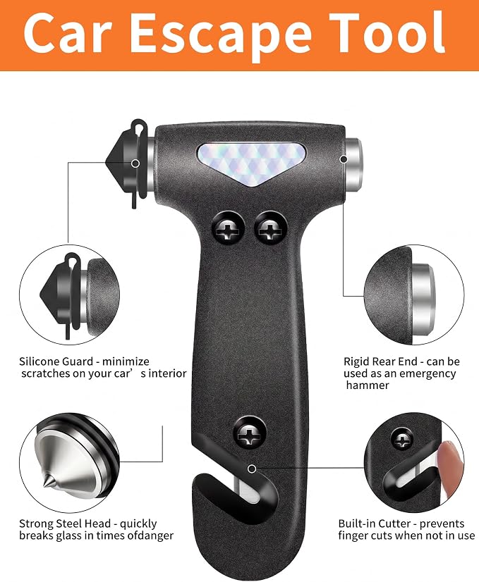 Window Breaker Seatbelt Cutter, Essential Car Tool Accessories for Women, Glass Breaker and Seat Belt Cutter, Emergency Kit Gadgets, Safety Hammer (Window Breaker - Black)