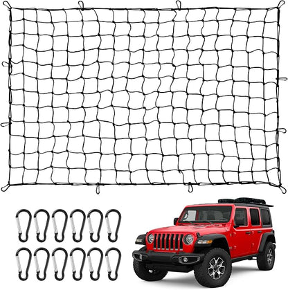 Reniteco Heavy-Duty 4'x6' Cargo Net Stretches to 8'x12' - Secures Heavy Loads with 12 Metal Carabiners, 4"x4" Mesh, Weather-Resistant & Includes Storage Bag for Trucks, SUVs, Jeeps, Trailers & Boats