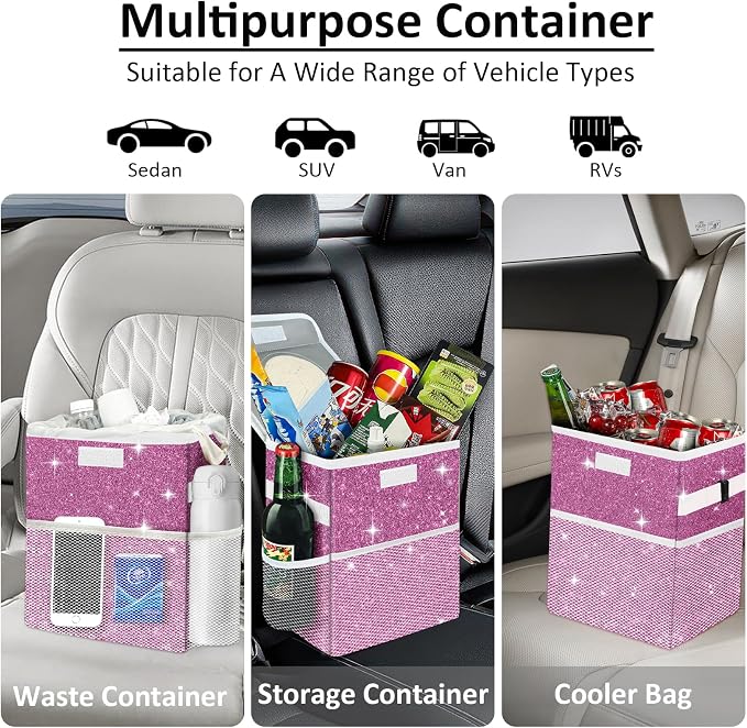 Cute Mini Car Trash Bag with Lid, Glitter Garbage Can Bin Hanging for Back/Front Seat/Console, Waterproof, Leakproof, 2.5 Gallon, Purple Bling Sparkly