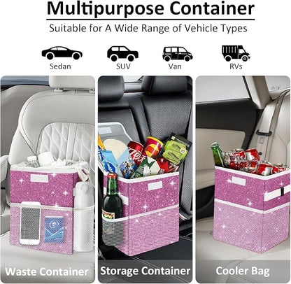 Cute Mini Car Trash Bag with Lid, Glitter Garbage Can Bin Hanging for Back/Front Seat/Console, Waterproof, Leakproof, 2.5 Gallon, Purple Bling Sparkly