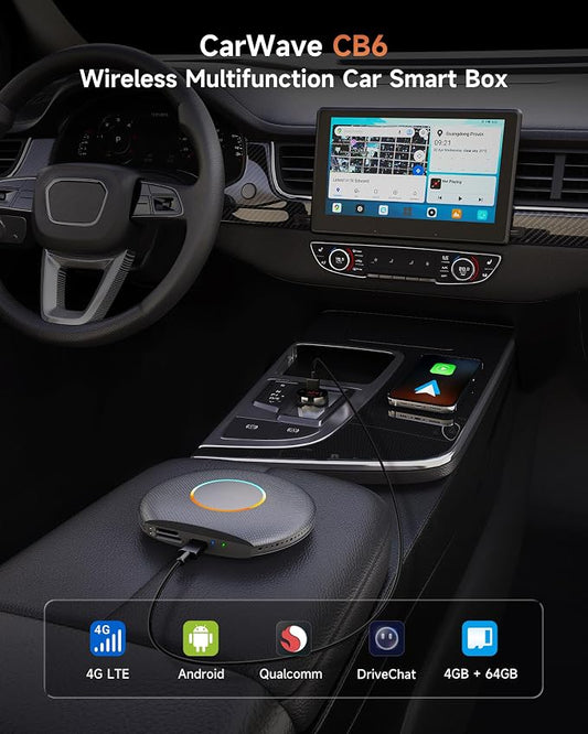 ATOTOZONE 2025 Upgrade CB6 CarPlay AI Box&Android AI Box, Wireless CarPlay/Android Auto Adapter, Plug & Play CarWave Car Smart Box with AI DriveChat, GPS Track, Android 13, 2 BT, 4G LTE, 4G+64G, Gray