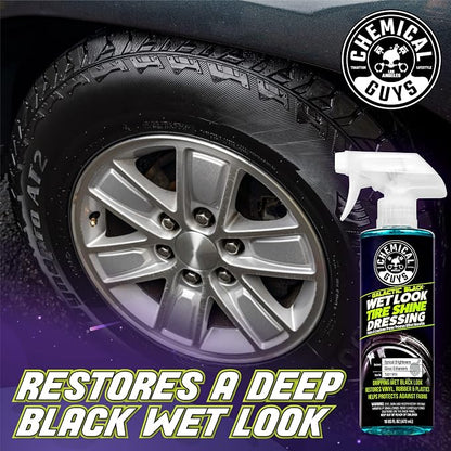 Chemical Guys Galactic Black Wet Look Tire Shine Dressing – High Gloss Tire Spray for Trim & Rubber – Restores Deep Black Shine and Protection for Cars, Trucks, Motorcycles and RVs, 16 oz
