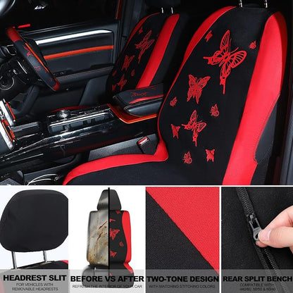 BBTO 43 Pcs Butterfly Car Seat Full Set Butterfly Car Accessories for Women 5 Front Rear Seat Covers Wrist Strap 2 Pcs Cup Mat Armrest Pad 2 Belt Xmas Cover Accessories for SUV(Red, Black)