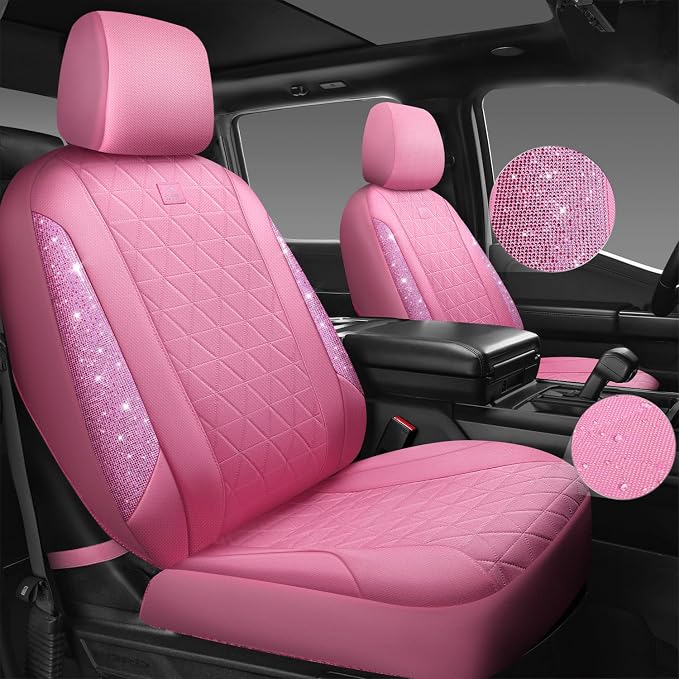 CAR PASS Pink Oxford Bling Diamond Car Seat Covers Full Set Interior Sets, Waterproof Shining Glitter Sparkly Crystal Universal Armrest Fit 95% Automotive Truck SUV Cute Women Girl, Pink Rhinestone