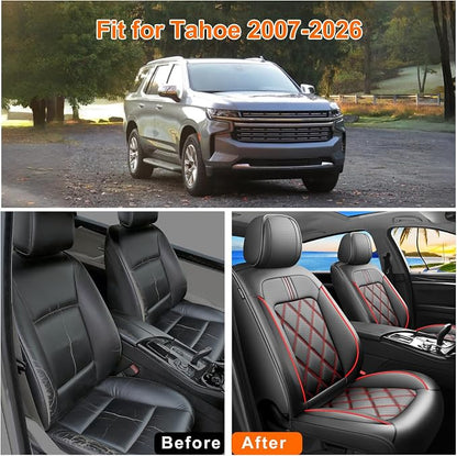 Tahoe Car Seat Covers Fit for Chevrolet/Chevy Tahoe 2011-2026, Full Coverage Leather Waterproof Breathable Seat Covers, Automotive Seat Protectors, Airbag Compatible, (Full Set Seats Red Black)