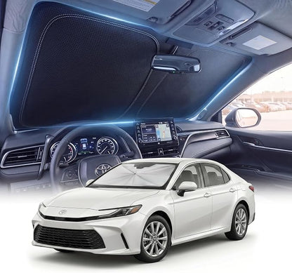 DMJN Front Windshield Sun Shade for Toyota Camry (2025-2026), [Nano Ice-Crystal Coatings] UPF50+ Heat & UV Block, Protect Car Interior & Keep Cool, Flodable Steel-Ring Car Cover for Summer