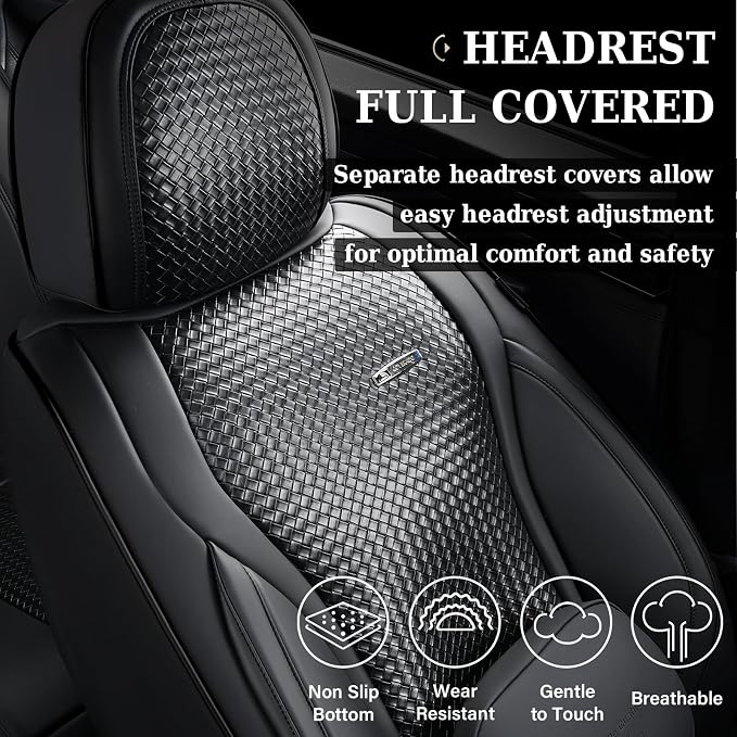 Coverado Car Seat Covers Full Set, Black Seat Covers for Cars, Waterproof Nappa Leather Automotive Seat Covers with Lumbar Head Pillow, Car Seat Protectors, Universal Fit for Most Cars SUV