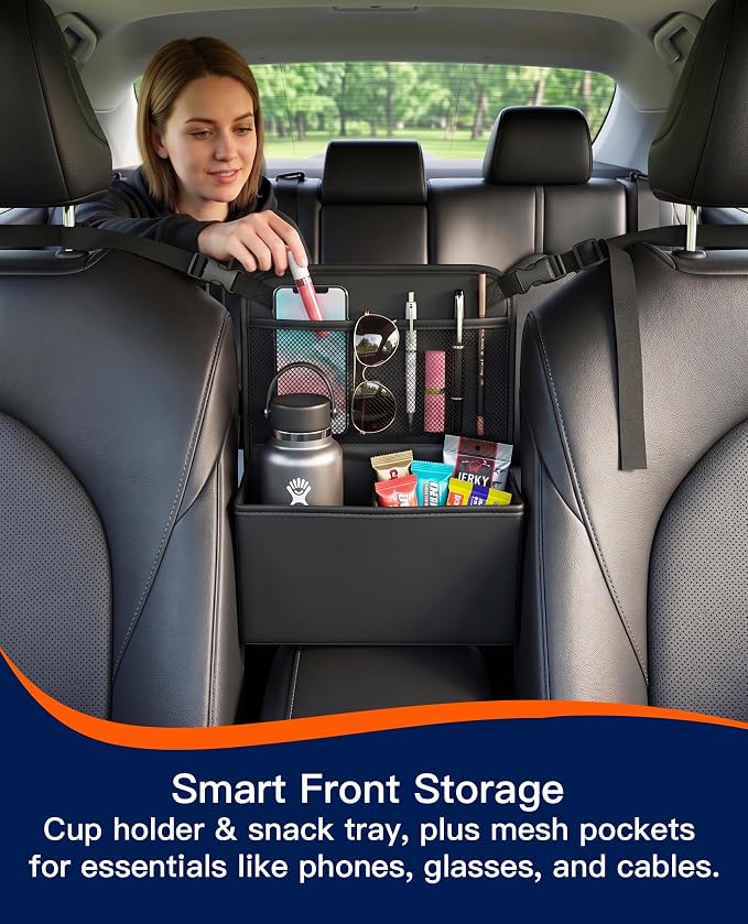 Divided Car Purse Holder Between Seats, PU Leather Front Seat Storage Bag with Backseat Tissue Holder & Tablet Pocket, Car Handbag Organizer for Small Wallet & Water Bottle, Automotive Accessories