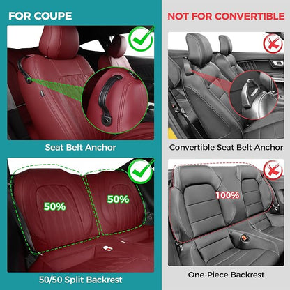 Custom for Ford Mustang Coupe Seat Covers 2015-2025 - Custom-Fit Full Set Faux Leather Car Seat Covers for Mustang Coupe Fastback GT/V6/EcoBoost 2015 2016 2017 2018 2019 2020 2021 2022 2023 2024 2025