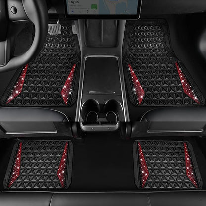 CAR PASS Bling Diamond Car Mats Rubber Floor Mats Full Set Anti-Slip 3D Rhombus Waterproof Trim to Fit Liner Universal Glitter Crystal Sparkly Shining Rhinestone Girl Women SUV Sedan Van, Black Red