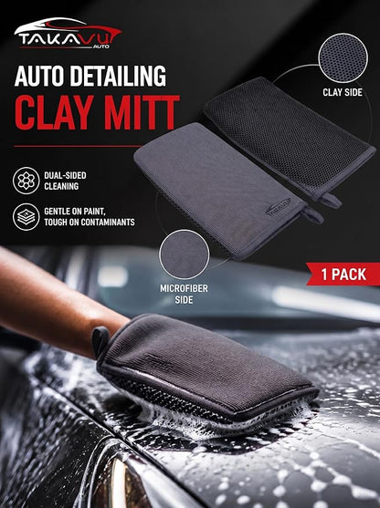 TAKAVU Auto Detailing Clay Mitt 1 Pack 9.7x6.3 inches, Magic Clay Bar Mitt Premium Mesh and Microfiber for Remove Dirts Mud Grime, Car Cleaning Detail Glass Wheel Windshield (Grey)