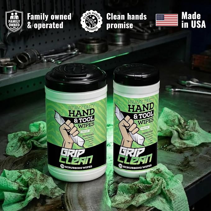 Grip Clean Heavy Duty Hand & Tool Cleaning Wipes – Waterless Hand Cleaner for Mechanics, Garage & Shop Use – Dual-Sided Grease, Oil & Paint Remover Wipes with Citrus Scent - 72ct (6 Pack)