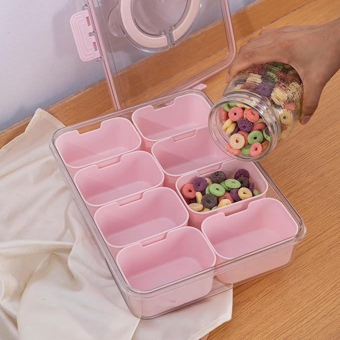 WACOI Divided Snack Serving Tray with Lid and Handle Travel Snackle Charcuterie Container Portable Storage Organizer for Candy, Fruits, Nuts, Snacks, Party, Picnic (1pack, Pink)