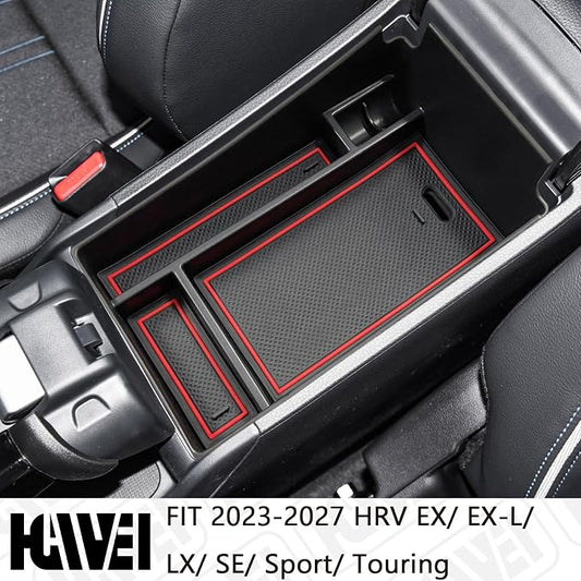 HGWEI Center Console Organizer Tray Compatible with Honda HRV 2023 2024 2025 2026 2027 Accessories, Armrest Storage Box for HRV EX/EX-L/LX/SE/Sport/Touring, Red Trim