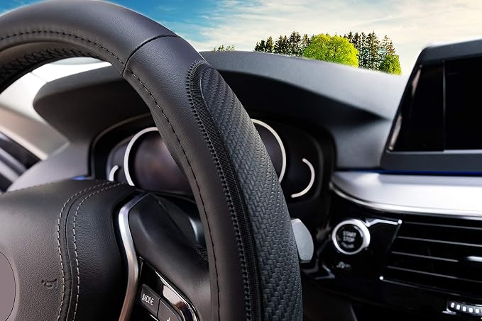 Magnelex Microfiber Leather Steering Wheel Cover – Black. Heat Resistant Anti-Slip Car Wheel Wrap - Compatible with Most Makes and Models of Cars and Trucks with 14.5 to 15 Inch Steering Wheels
