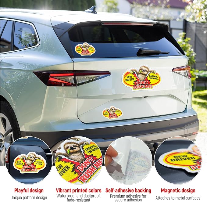 3 Pcs Reflective Student Driver Magnet and Stickers Set - Funny Animal New Driver Safety Signs for Car, Waterproof & Weatherproof High Visibility Vehicle Bumper Decals, Magnet + Stickers (Sloth)