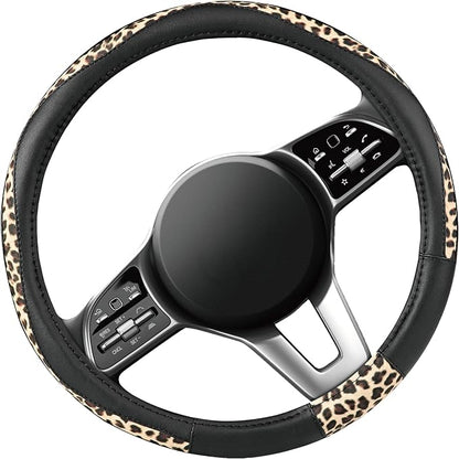 Road Comforts Steering Wheel Cover - Made with PVC Leather and Leopard Fabric - Universal 14 1/2 inches to 15 inches for Most Automotive Steering Wheel - Cheetah Print - Black