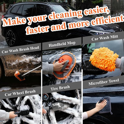 10Pcs 60" Car Wash Kit with Long Handle, Soft Extendable Car Wash Brush & Mop, Wheel & Tire Brush, 2-in-1 Window Squeegee, Microfiber Towel & Wash Mitt for Cars, SUVs, Trucks Exterior Cleaning