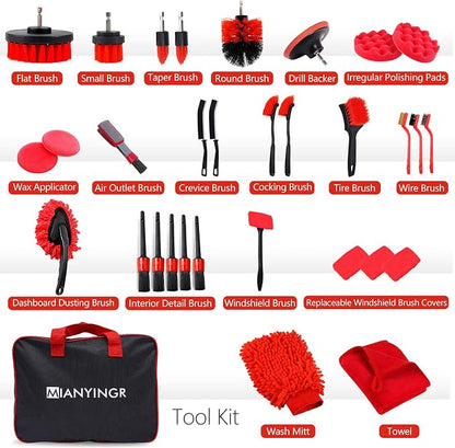 32Pcs Red Car Detailing Kit – Brush Set & Cleaning Kit with Drill Brush, Polishing/Waxing Pads, Interior/Exterior Tools for Wheels & Windshield – Portable Handbag
