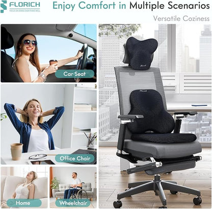 FLORICH Car Seat Cushion and Lumbar Support Pillow for Office Chair Car, Neck Headrest Pillow, Ergonomic Memory Foam, Pressure-Relieving Back Support for Car, Office Chair & Wheelchair – Black