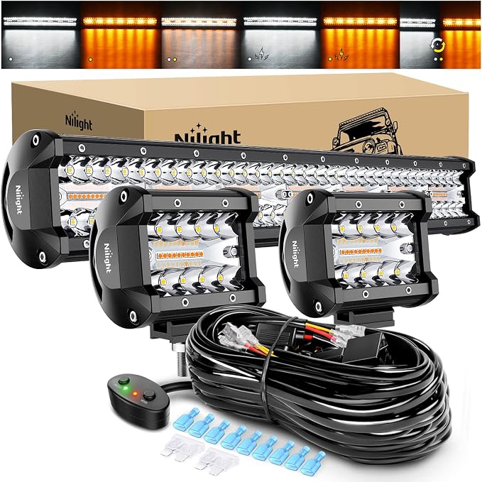 Nilight 20Inch 420W LED Light Bar 2PCS 4Inch 60W Light Pods Amber White Strobe 6 Modes Memory Function Reset Function Off Road Truck with 16AWG Wiring Harness Kit-3 Lead