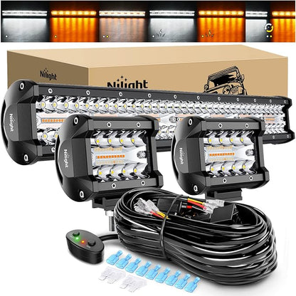 Nilight 20Inch 420W LED Light Bar 2PCS 4Inch 60W Light Pods Amber White Strobe 6 Modes Memory Function Reset Function Off Road Truck with 16AWG Wiring Harness Kit-3 Lead