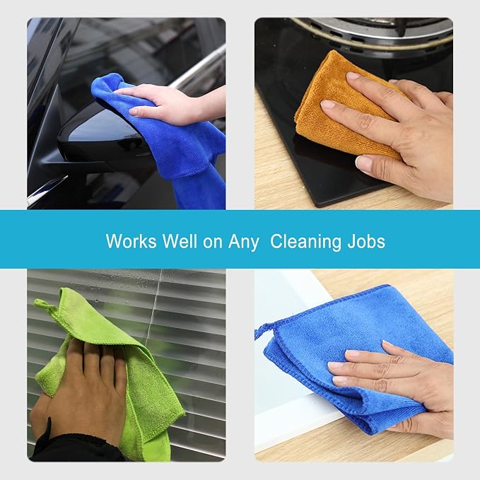 Microfiber Cleaning Highly Absorbent Free for Drying Dishes Wiping Down the Counters Cleaning Supplies for Kitchen Dust Rag Cloths (12"x12") Green/Blue/Orange/White -12 Pack